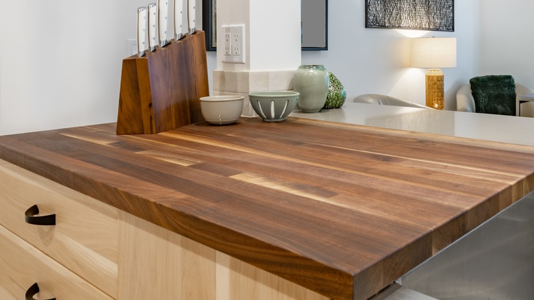 Butcher block countertop in kitchen