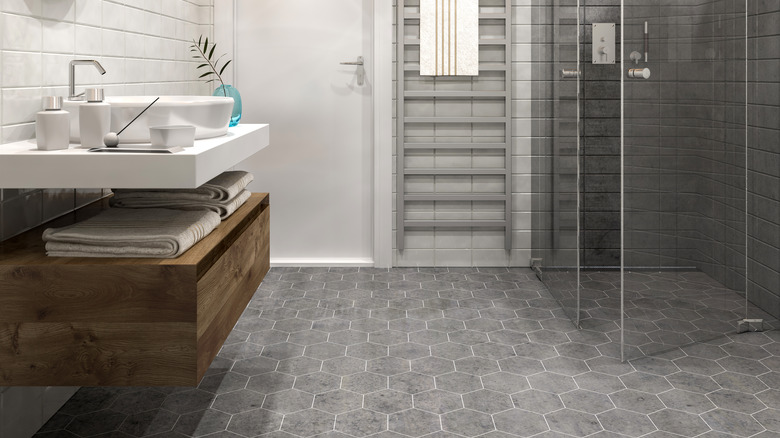 Gray tiled bathroom