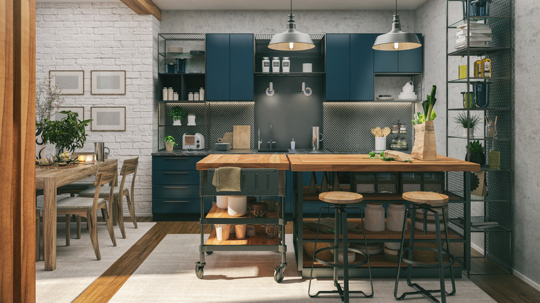 kitchen with dark blue cabinets