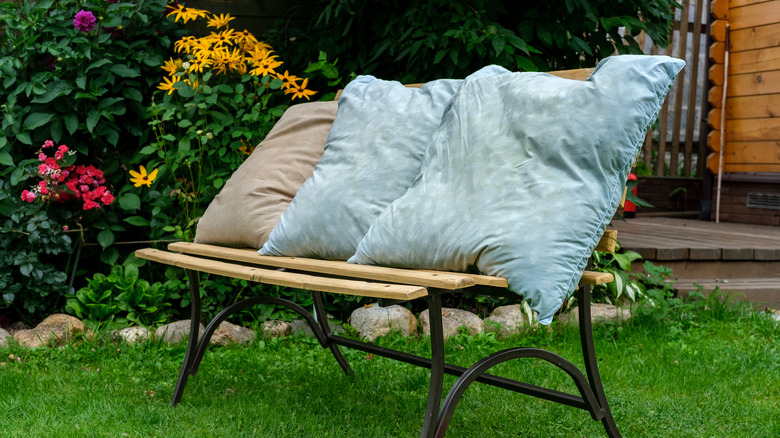 Pillows air drying on bench