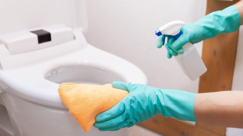 Woman spraying toilet