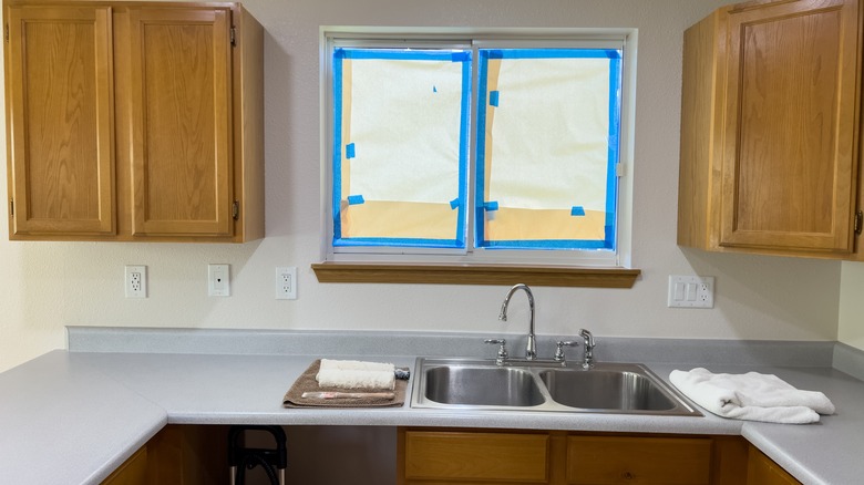 An unfinished countertop area