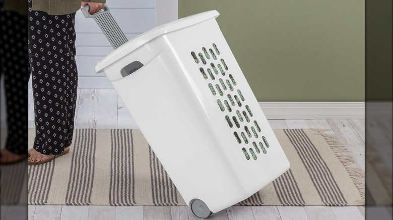 white rolling laundry basket