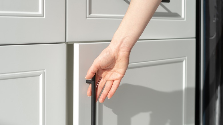 Person opening white kitchen cabinet