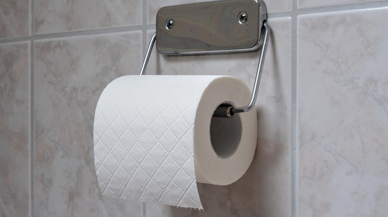 Roll of toilet paper attached to a tile wall with a metal holder