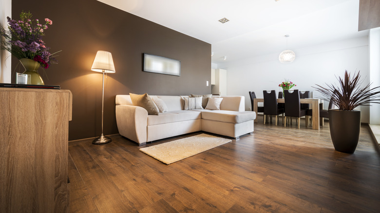 Living room with rich wood floor