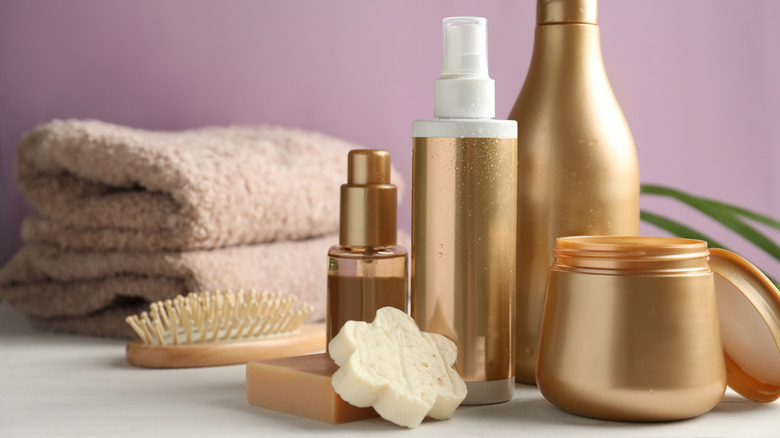 skin care bottles and brush