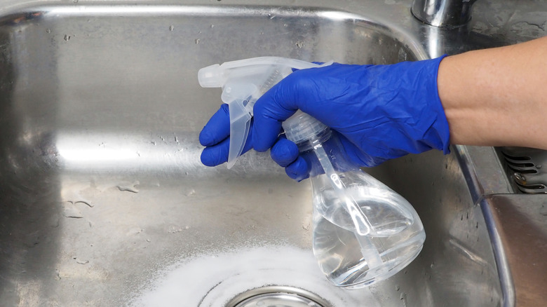 Person spraying sink with vinegar 