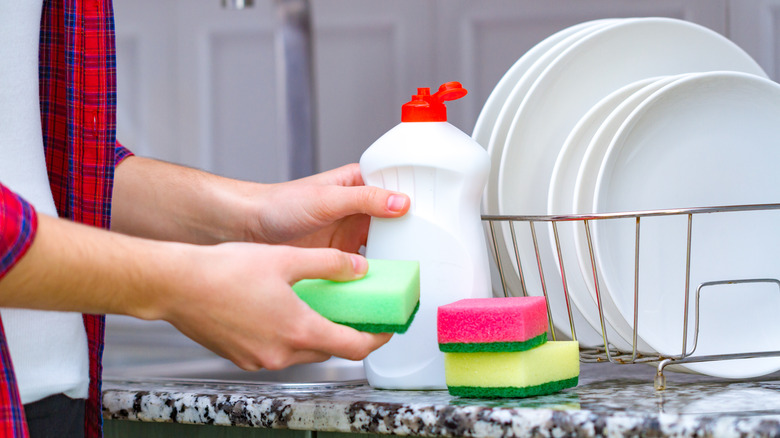 Person holding sponge and soap