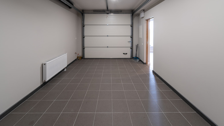 Modern garage with a tiled floor