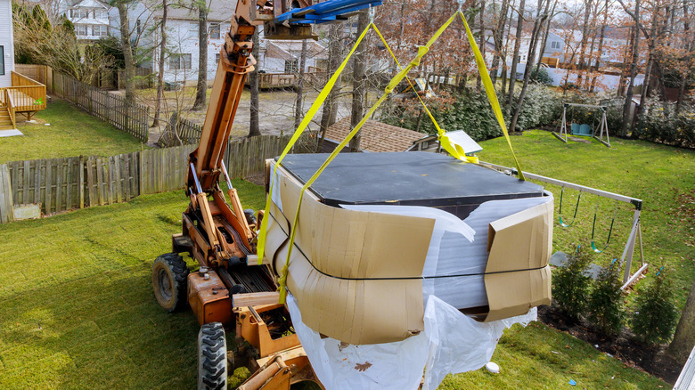 Hot tub on a forklift