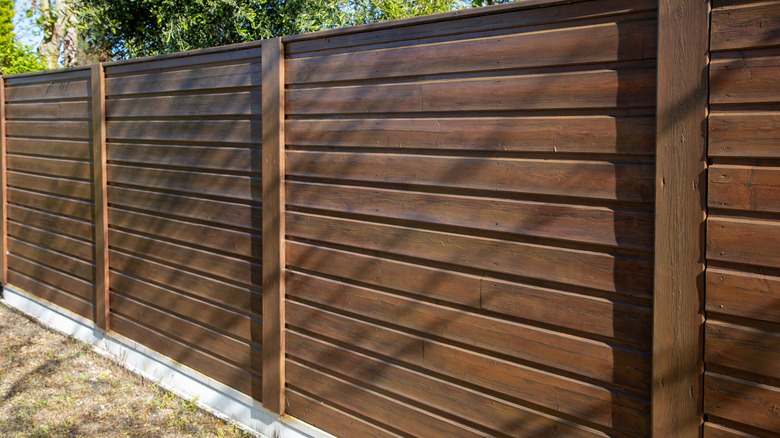 Wooden panel fence with trees in background