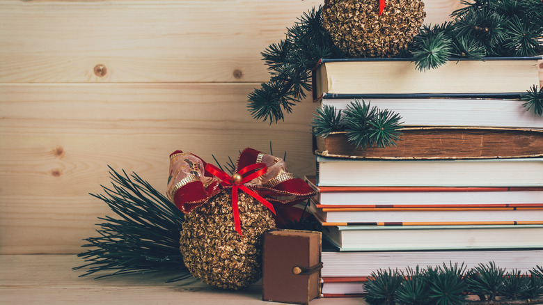 stack of books and décor