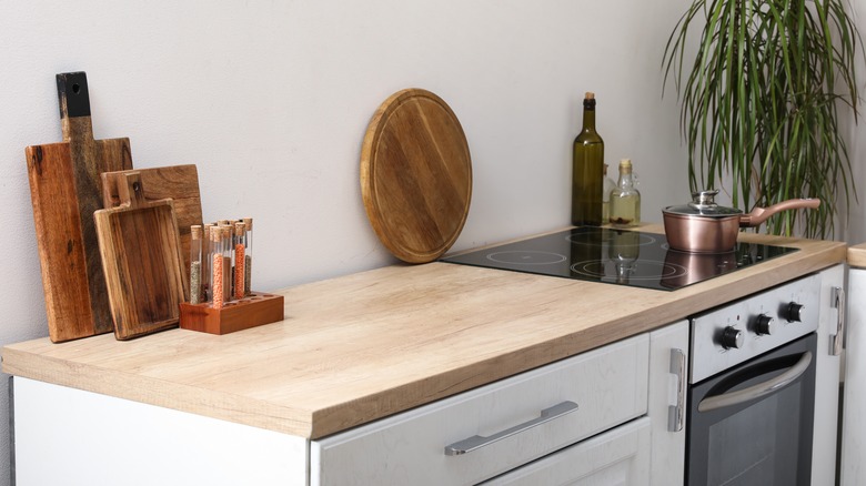 kitchen counter with cutting boards