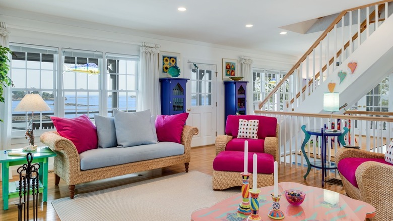 white interior room with bright furniture