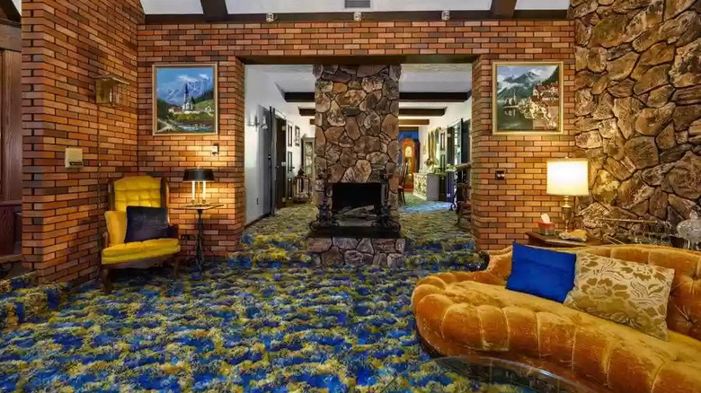 Room with blue carpeting