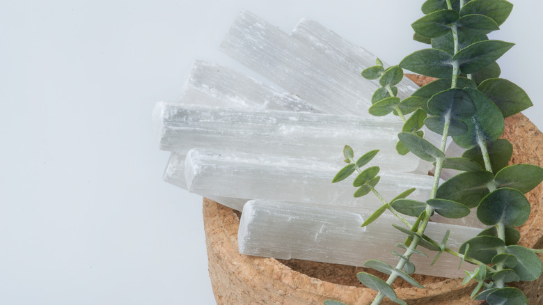 Selenite cluster and eucalyptus 