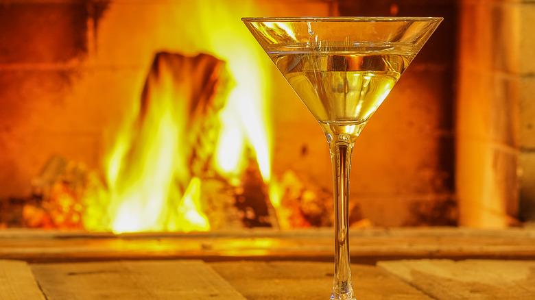 Vesper martini by fireplace