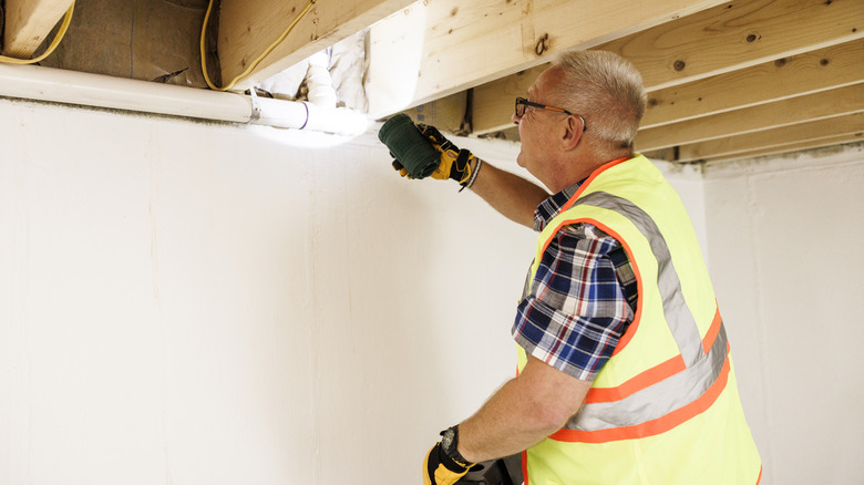 Man inspects ceiling for mold