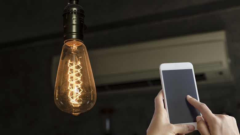 Hands holding phone by lightbulb