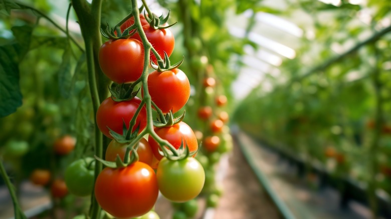 Tomatoes ripening on vine