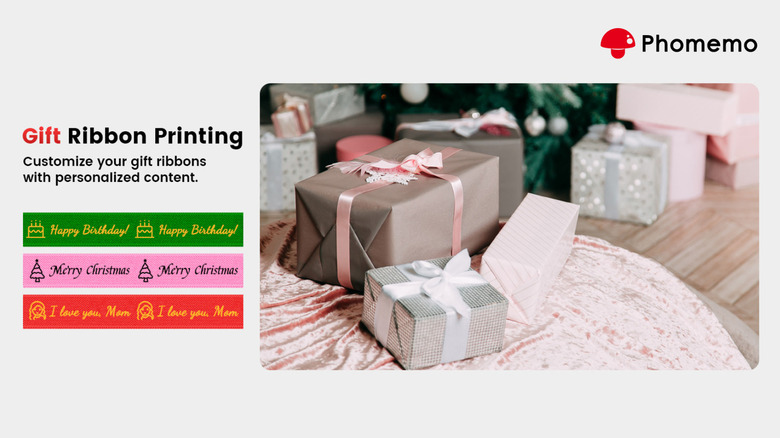 Phomemo graphic showing custom gift ribbon examples