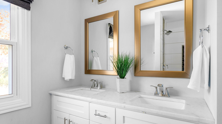 renovated bathroom with framed mirrors