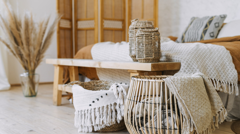 Wool baskets in cozy bedroom