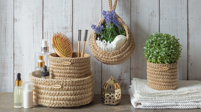 bathroom shelves and storage baskets