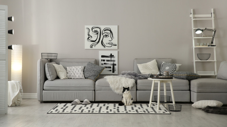 gray and white monochrome living room