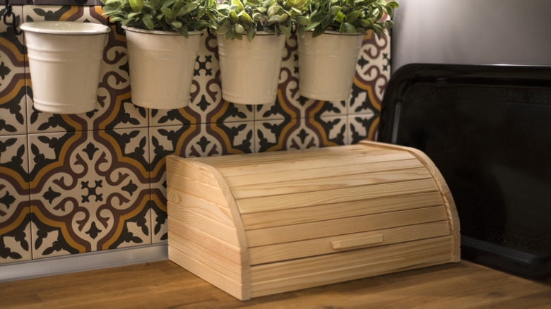 Wooden breadbox in kitchen