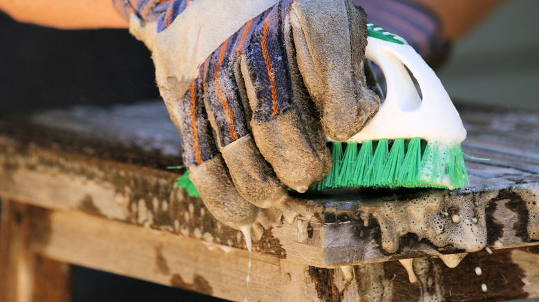 someone scrubbing a teak bench with a brush