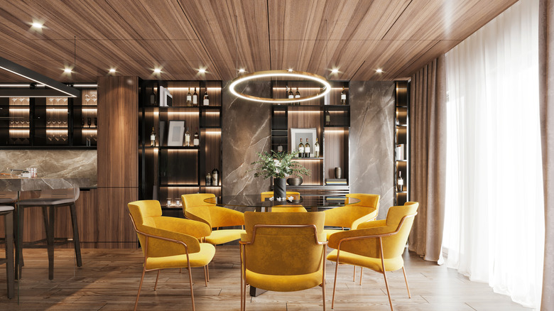 Wood ceiling in dining room