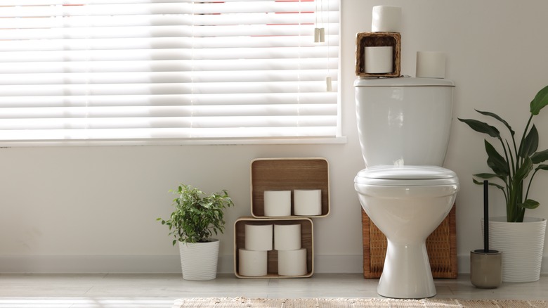 Cluttered bathroom floor around toilet