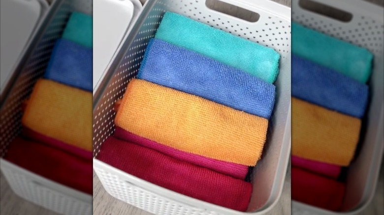 colorful washcloths in bin