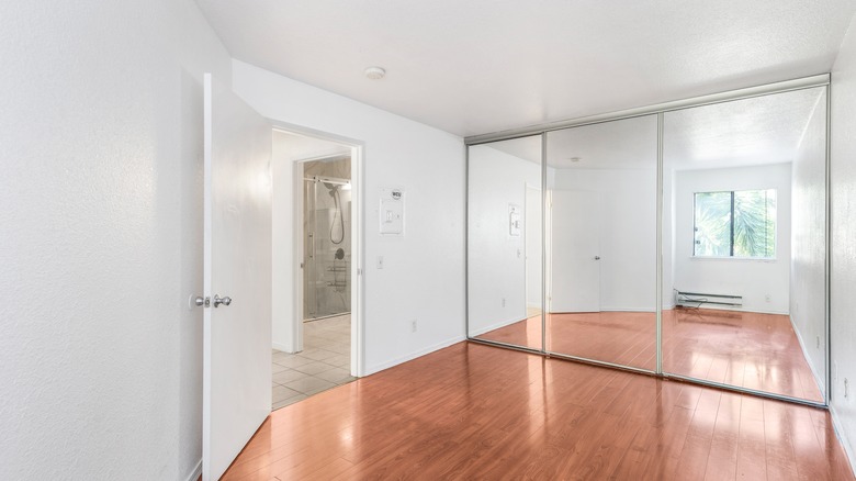 bedroom with mirrored closet doors