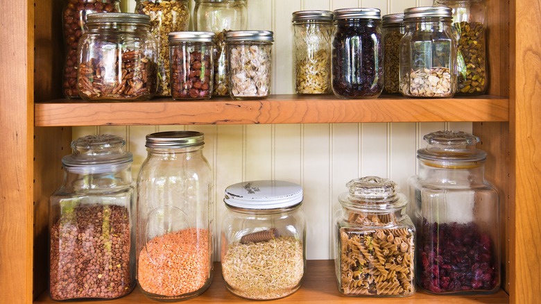 Wood pantry shelves with beadboard