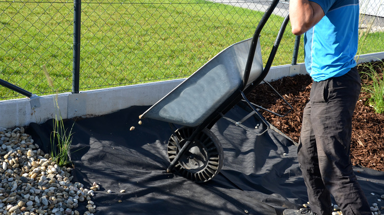 Gardener laying mulch over fabric