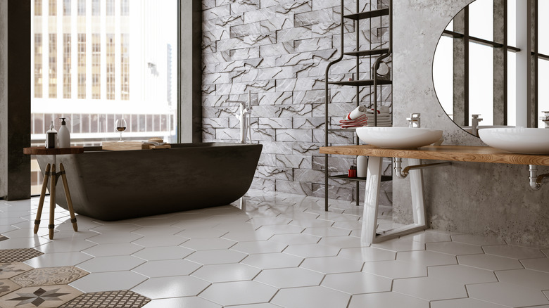 Different kinds of tile are displayed in a bathroom.