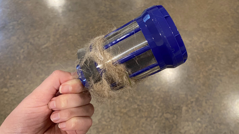 Vacuum filter tangled with hair