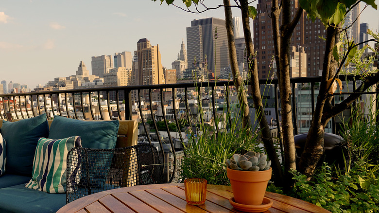 rooftop patio with city view