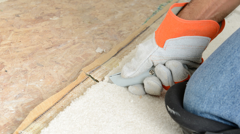 Person cutting carpet