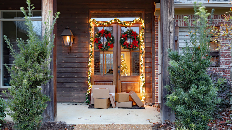 Christmas porch with stacked packages