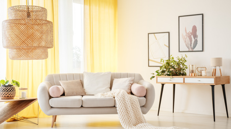 Living room with yellow curtains