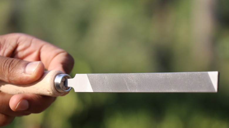 Person holding a flat metal file in their hand.