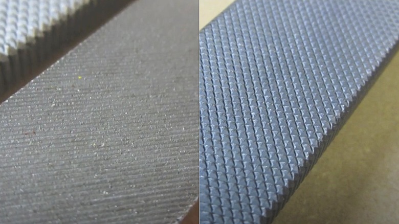 Split-image view of a single-cut metal file on the left and a double-cut metal file on the right.