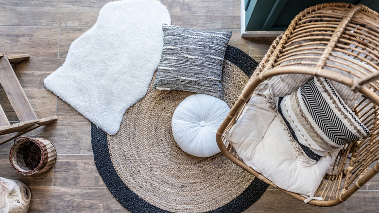 fur rug and jute round carpet