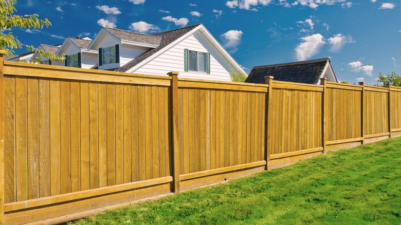 Long cedar wood fence between green grass and white house