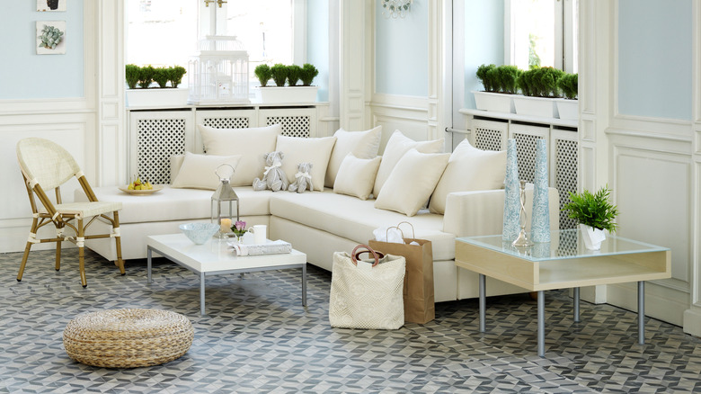 Living room with tile flooring