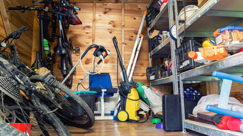 Cluttered garage shelves